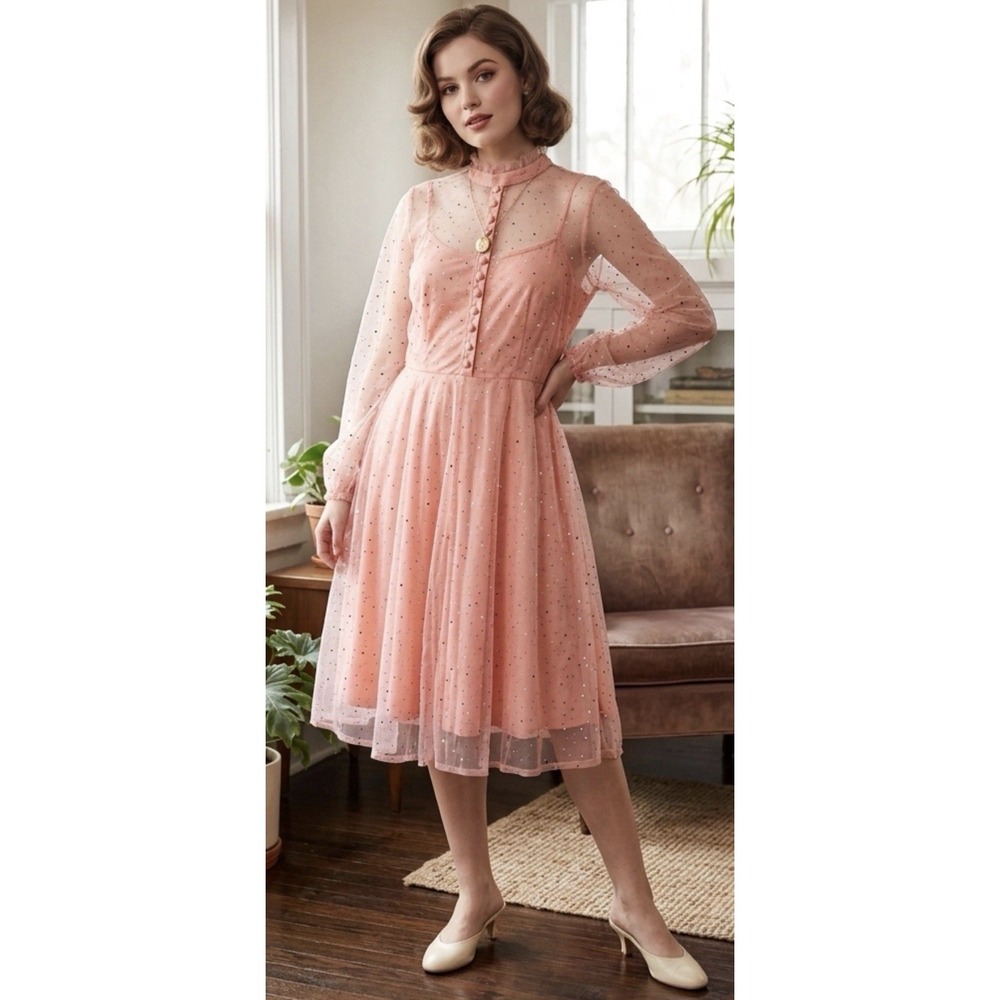 Unique Vintage Peach Tulle Sheer Lined Sparkle Midi Dress Size 2X / 18 Fairycore